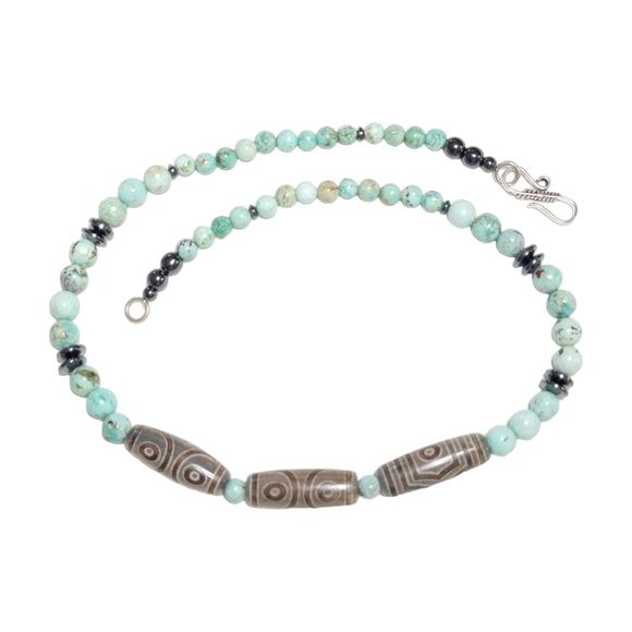 Peruvian Turquoise Tibetan Dzi Agate Gemstone 20 Inch Necklace